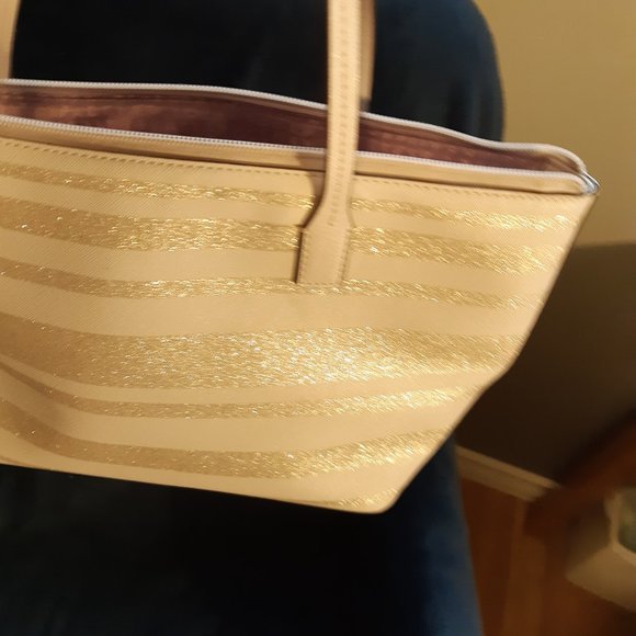 Kate Spade Satchel zip handbag purse taupe with gold stripes - Picture 4 of 8